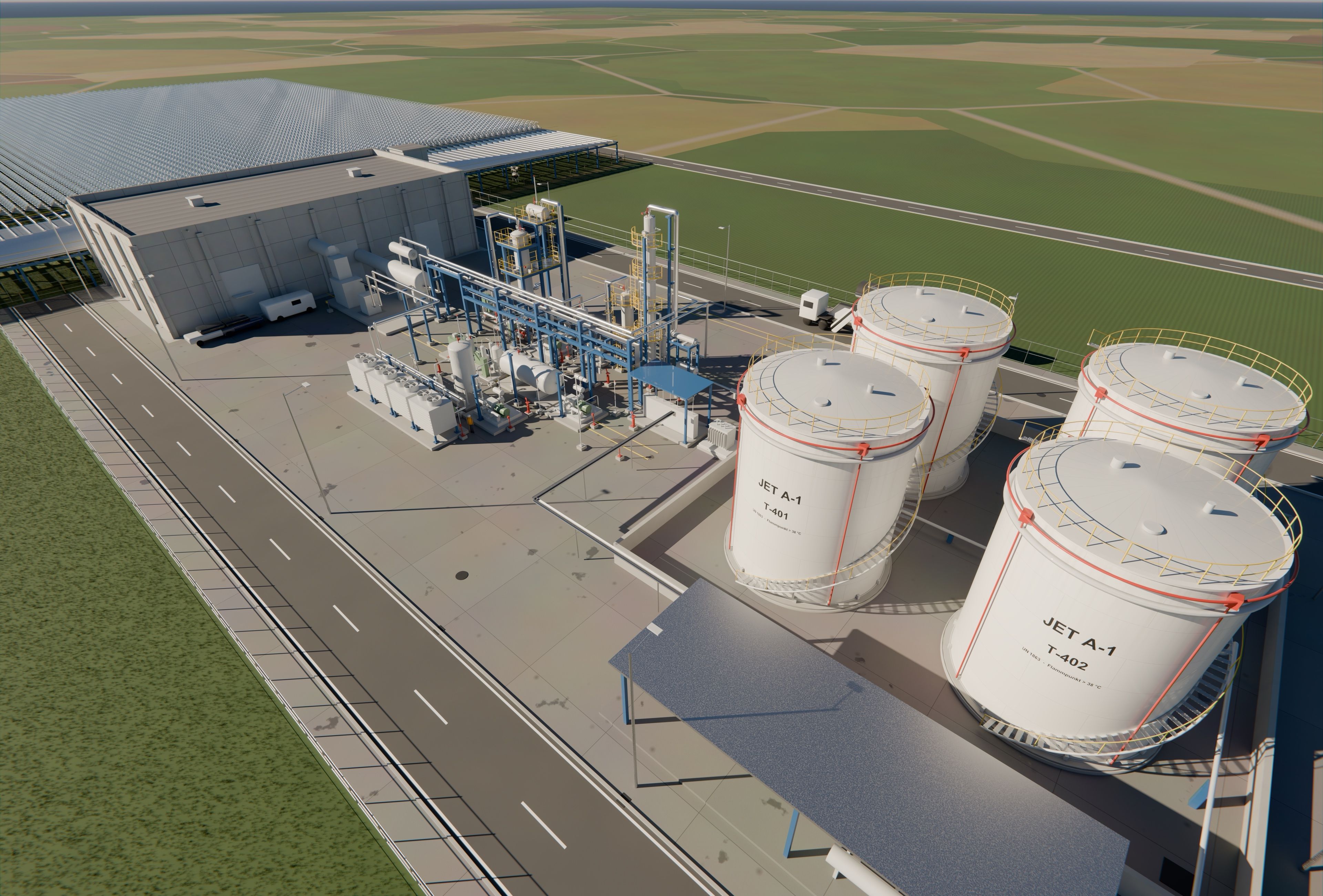 Visualisierung einer E-Fuel-Produktionsanlage: Hallen mit Solardach, Prozessanlagen und Tanklager für synthetisches Kerosin