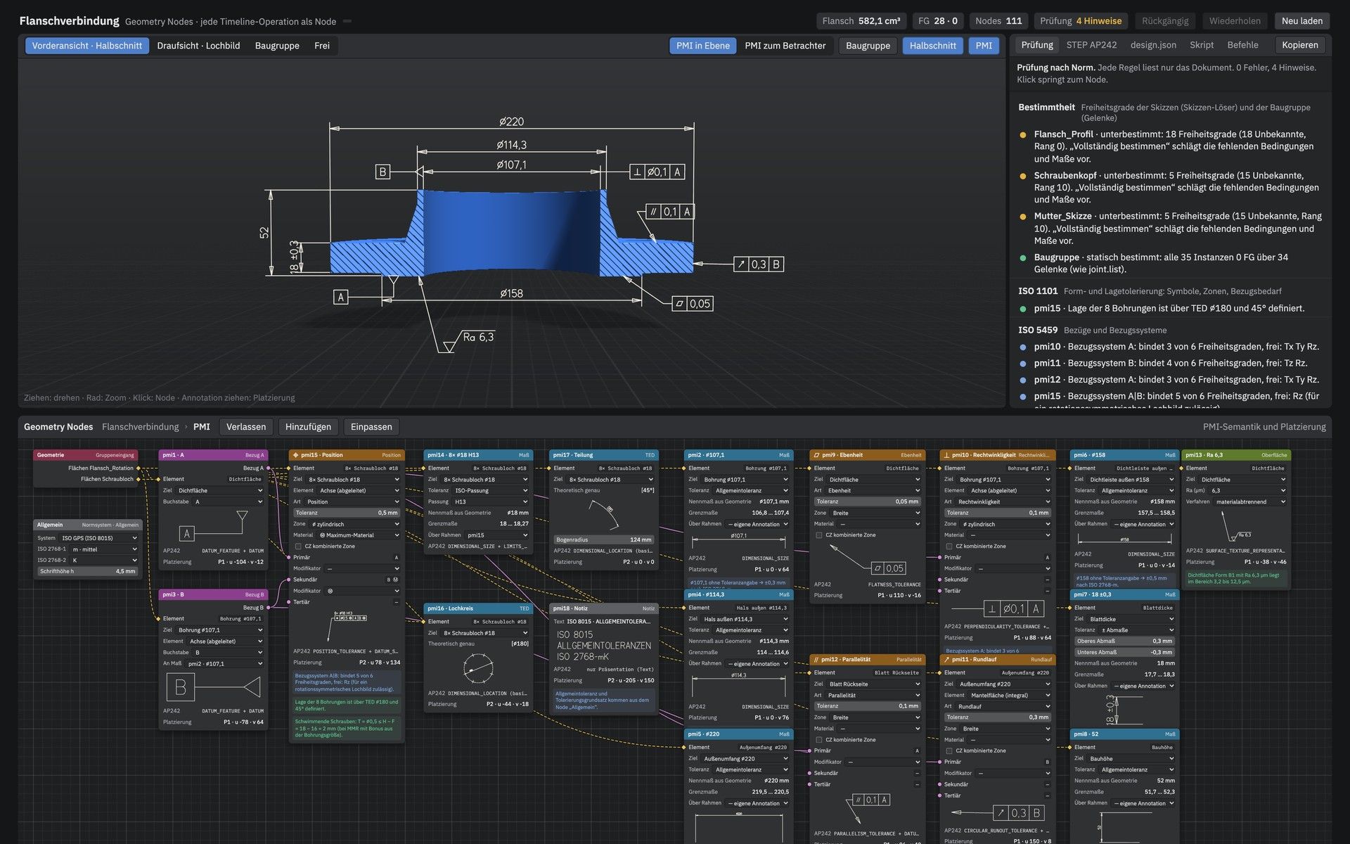 Oberfläche unseres CAD-Systems: Flansch mit PMI, Normprüfung und Geometry Nodes